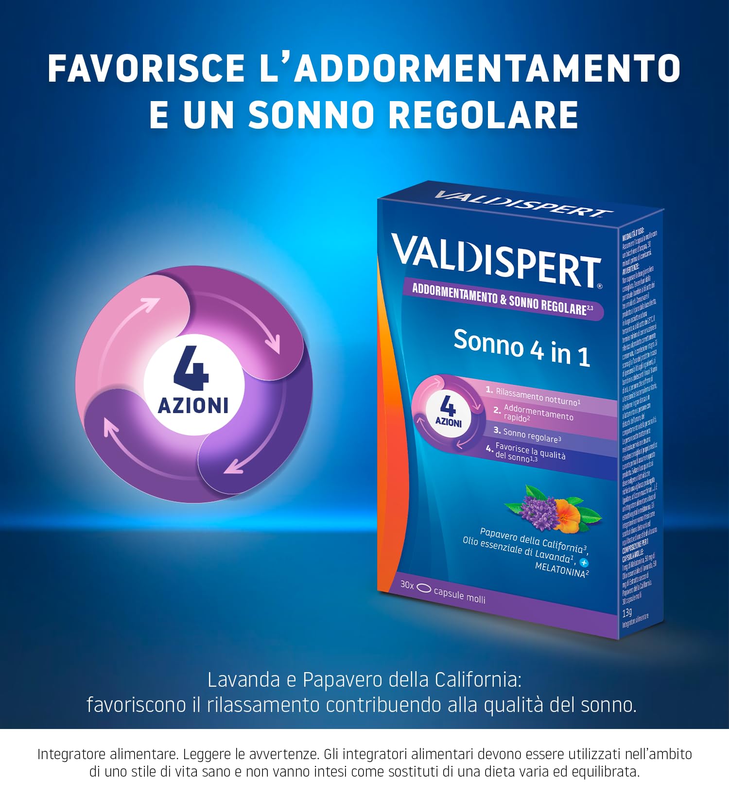 valdispert-sonno-4-in-1-con-melatonina-lavanda-e-papavero-california-30-capsule- image 2