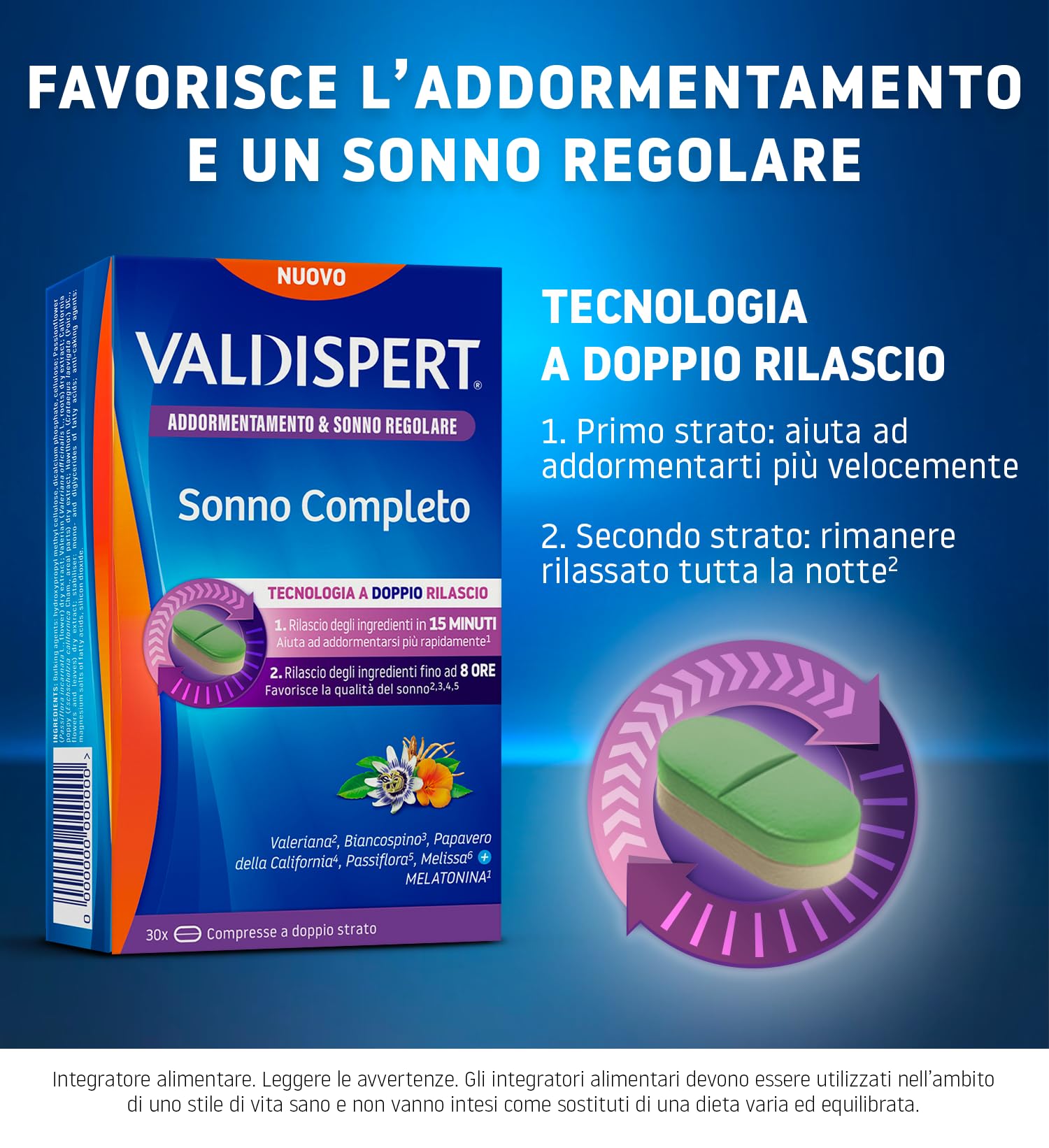 valdispert-sonno-completo-con-melatonina-30-compresse-doppio-rilascio-8h image 2
